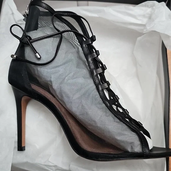 BCBGMaxAzria Black Mesh Lace-Up Peep-Toe Ankle Booties - Picture 3 of 10